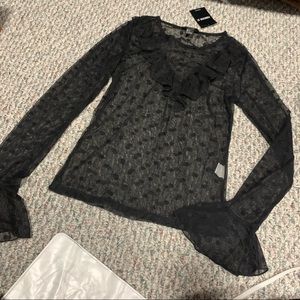 Swiss dot sheer mesh ruffle trim long sleeve top NWT